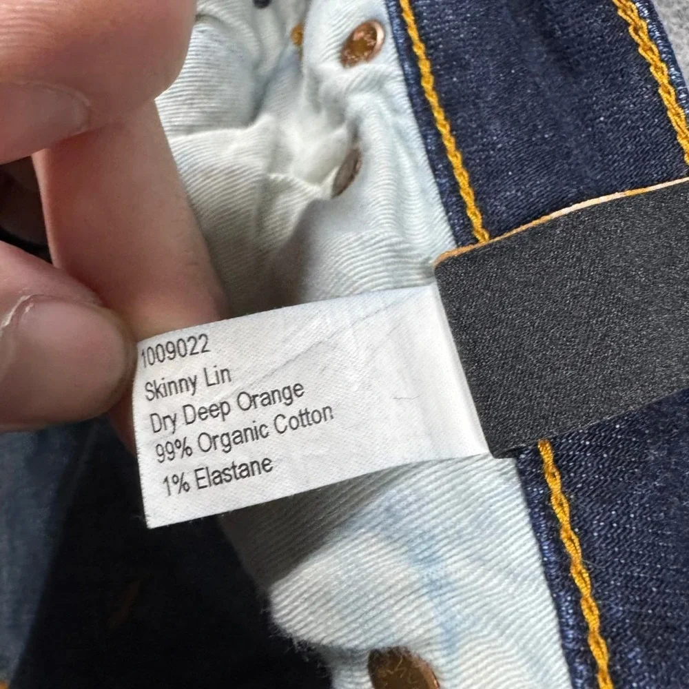 Nudie Jeans Skinny Lin Dry Deep Orange Mens 32x34 Dark Indigo Demin (Fits 29x31)